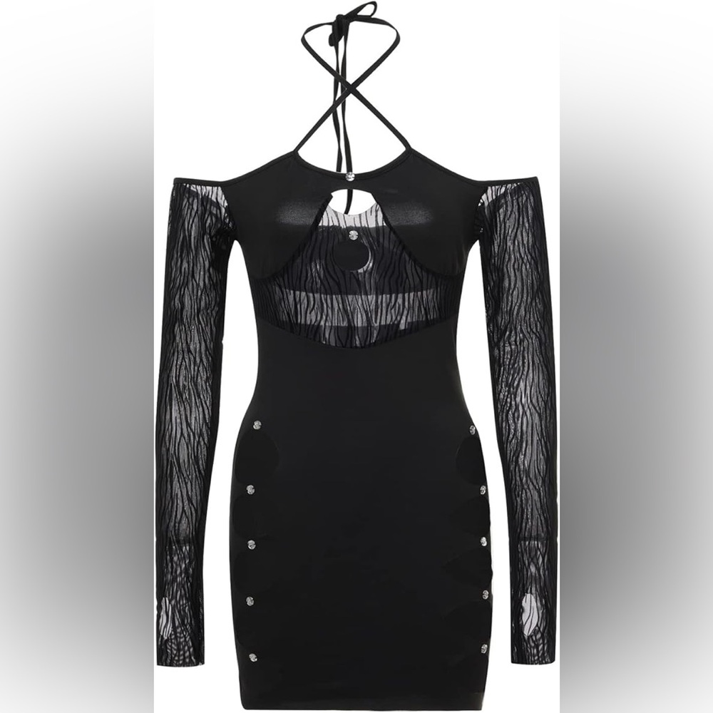 Women Cut Out Bodycon Mini Dress Long Sleeve Night Party Club E Girl Streetwear - Picture 5 of 5